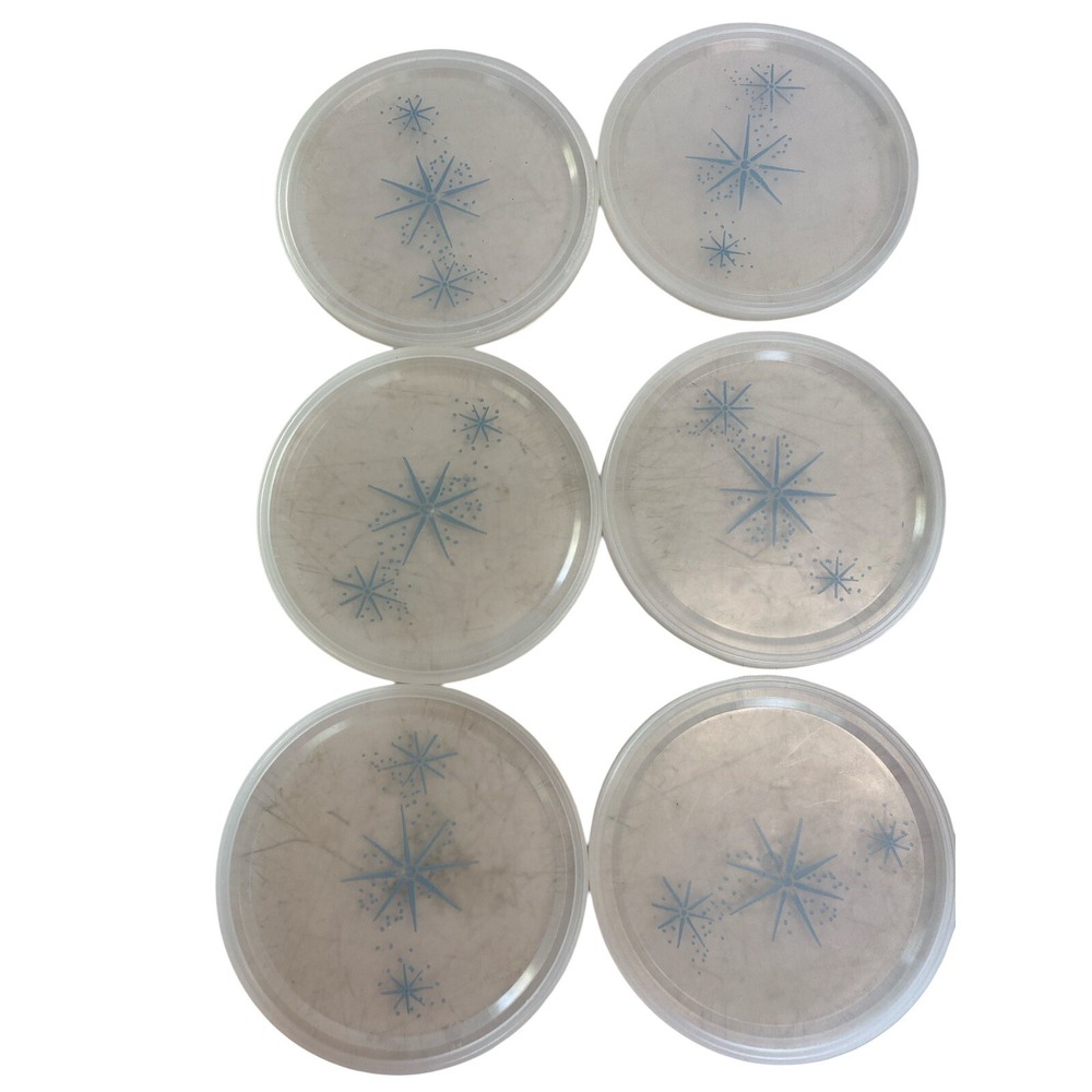 6 PLASTIC LIDS TO FIT INDIVIDUAL CASSEROLE BOWLS BY FIREKING ATOMIC STARBURST 4"